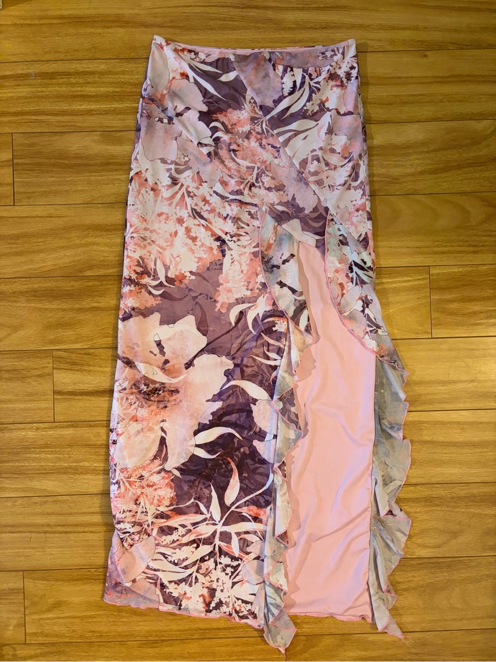 Tiger Mist Pink & Purple Floral Maxi Skirt with Ruffle Trim and High Slit